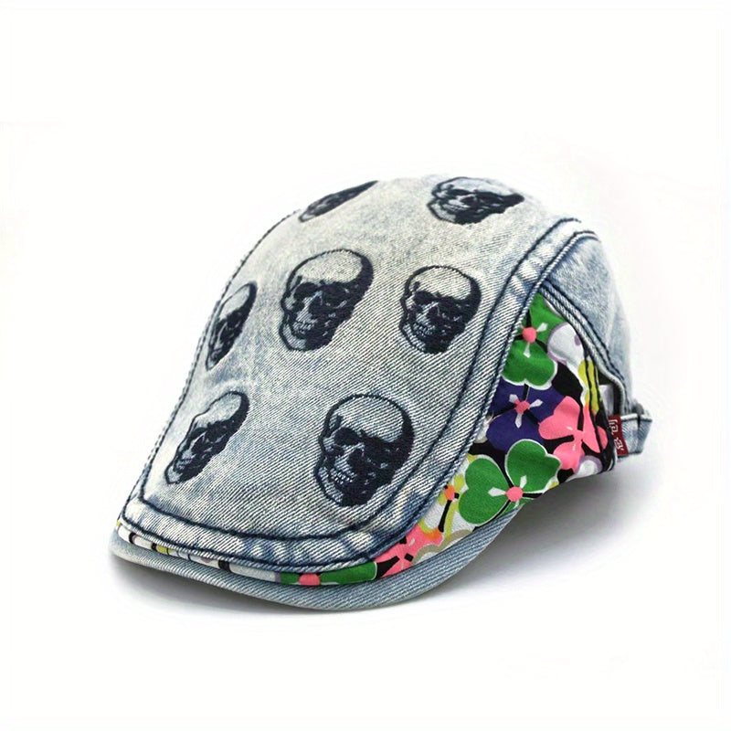 Skull Embroidered Hip Hop Beret Washed Distressed Vintage Flat Hat