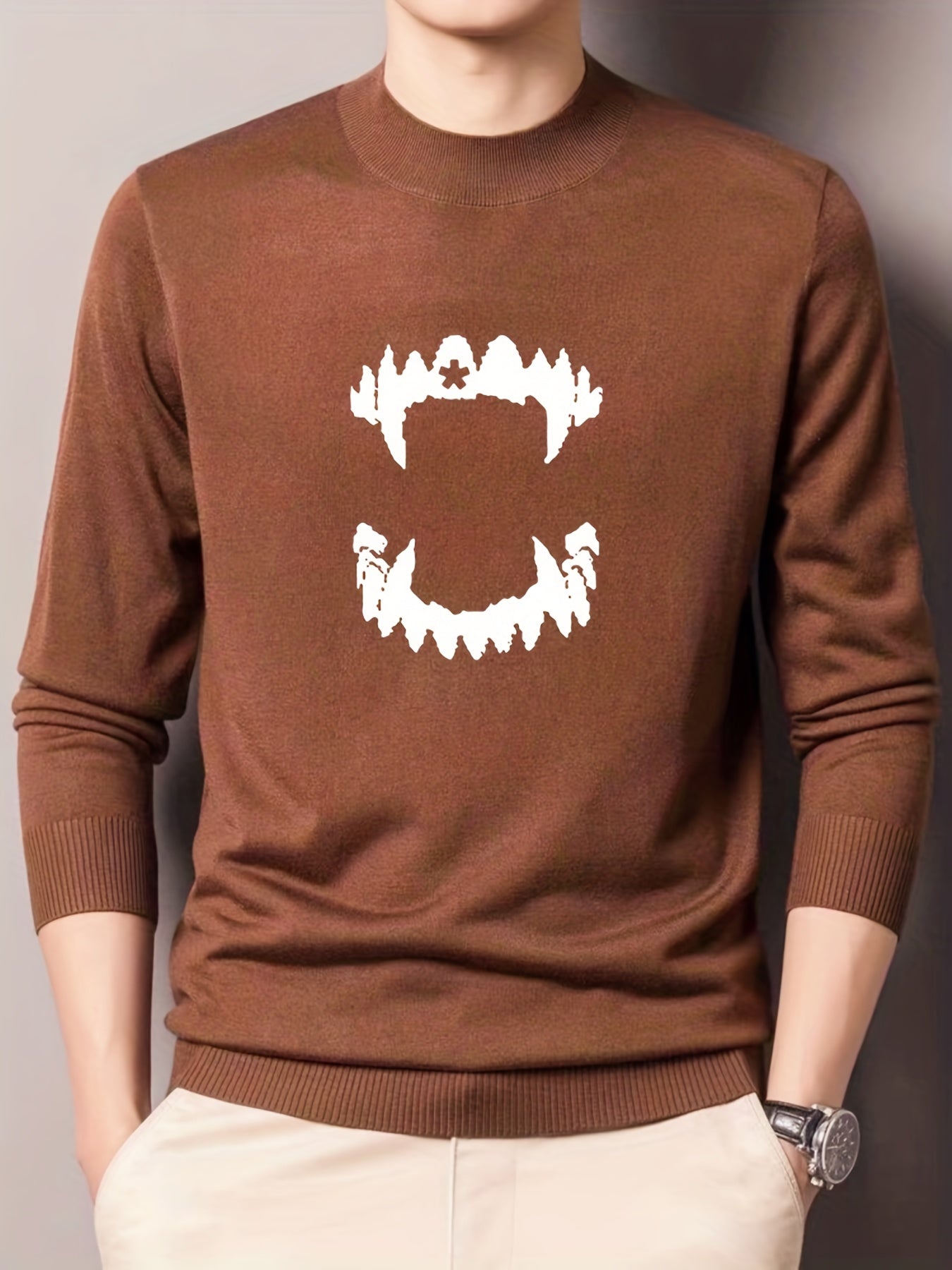 Teeth Print Knitted Sweater Men's Warm Crew Neck Pullover for Fall Winter