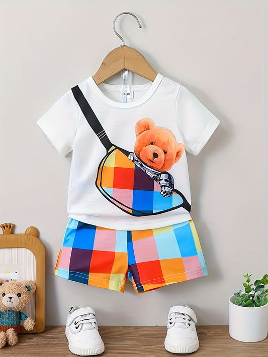 Baby Boy's Bear Print T Shirt & Plaid Shorts Set