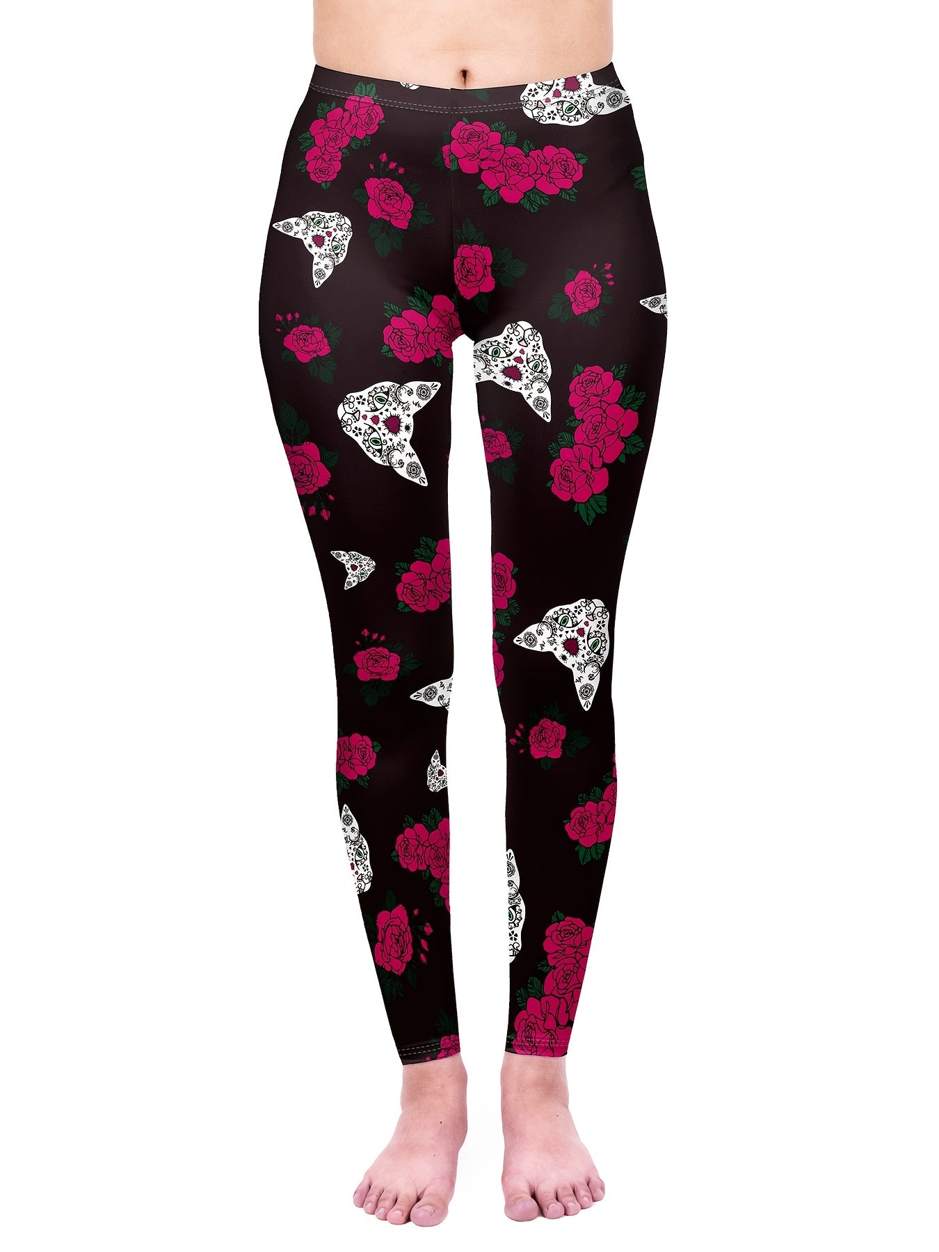 Floral & Cat Print High Waist Leggings