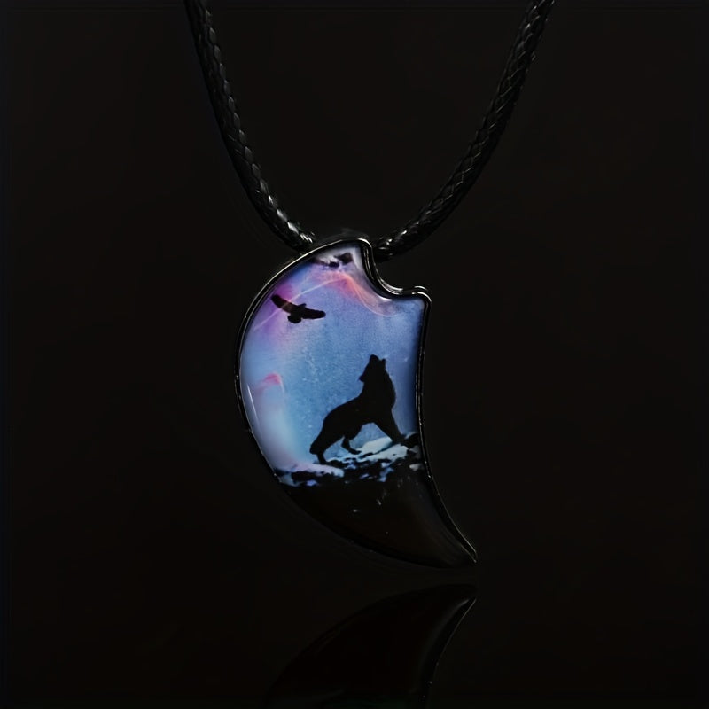 Wolf Resin Landscape Wood Pendant Animal Necklace for Men
