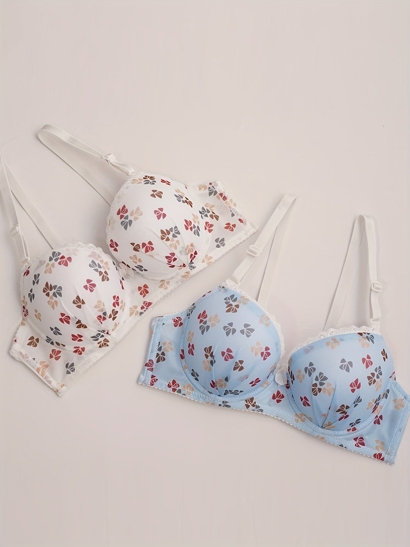 2pcs Bow Print Push Up Bras Lace Trim Bra Women's Lingerie