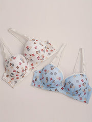 2pcs Bow Print Push Up Bras Lace Trim Bra Women's Lingerie