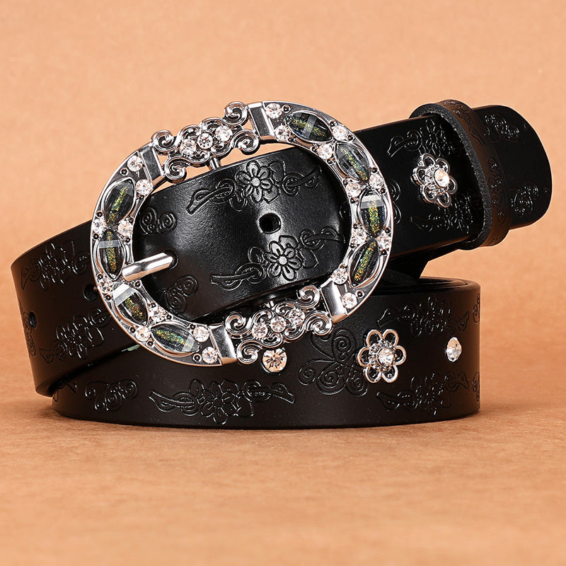 Women's Leather Belt Oval Metal Pin Buckle Inlaid Rhinestone Crystal