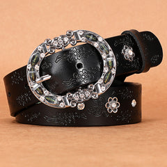 Women's Leather Belt Oval Metal Pin Buckle Inlaid Rhinestone Crystal