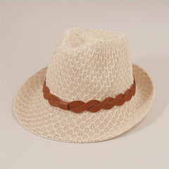 Stylish Belt Decor Sun Hat Crochet Short Brim Jazz Fedora Cap