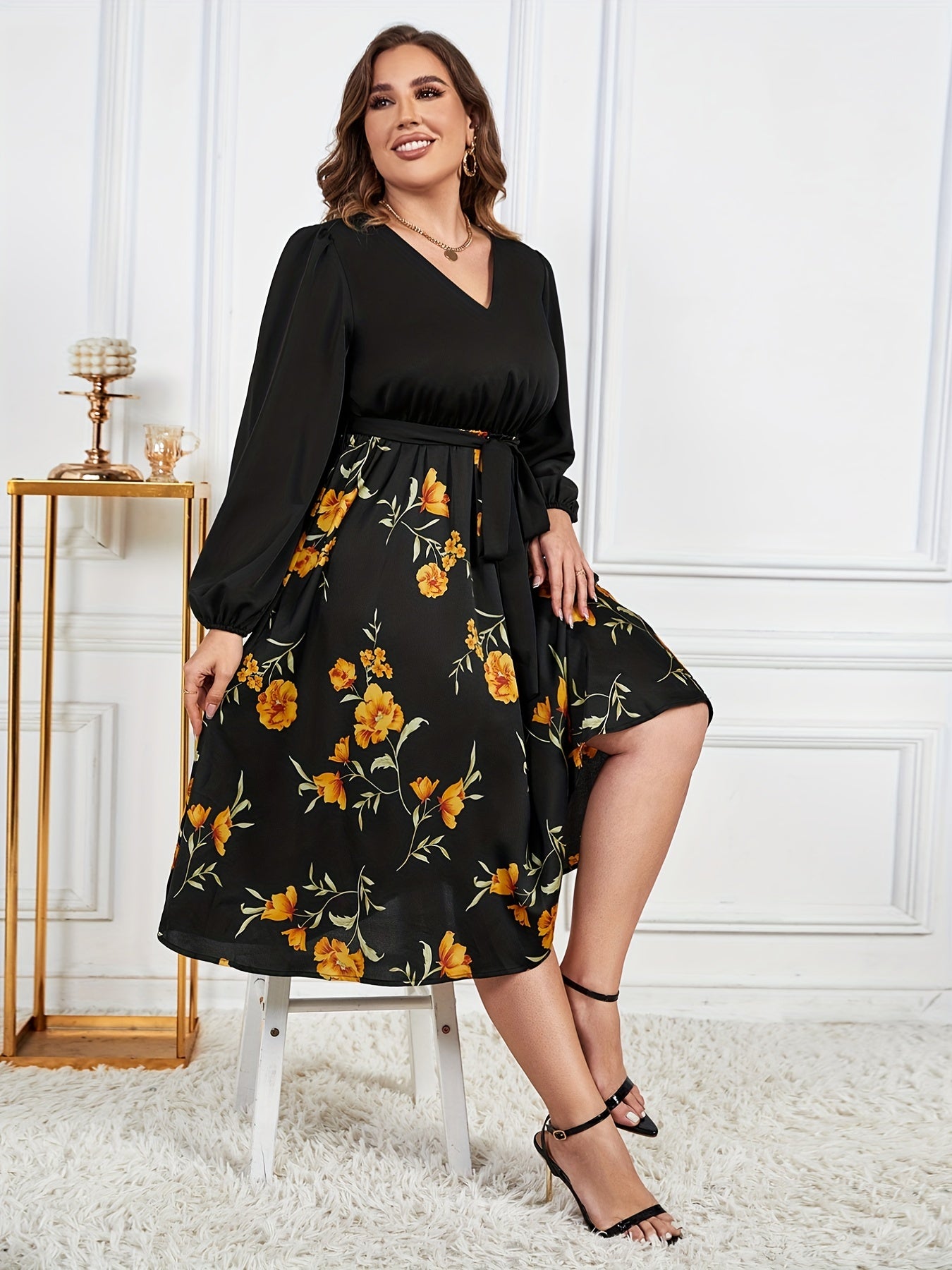 Floral Print Long Sleeve V Neck Midi Dress With Belt