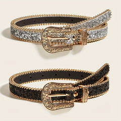 Women's Rhinestone Engraved Denim Belt