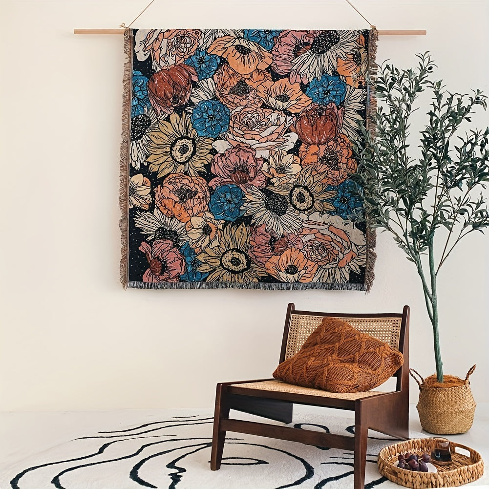 Bohemian Knitted Peony Flower Tassel Blanket