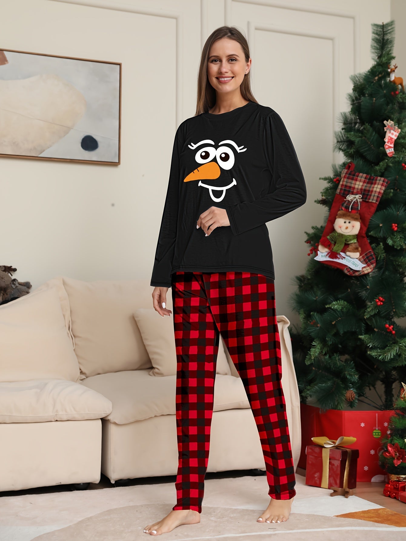 Christmas Print Pajama Set Top & Plaid Pants Women's Sleepwear