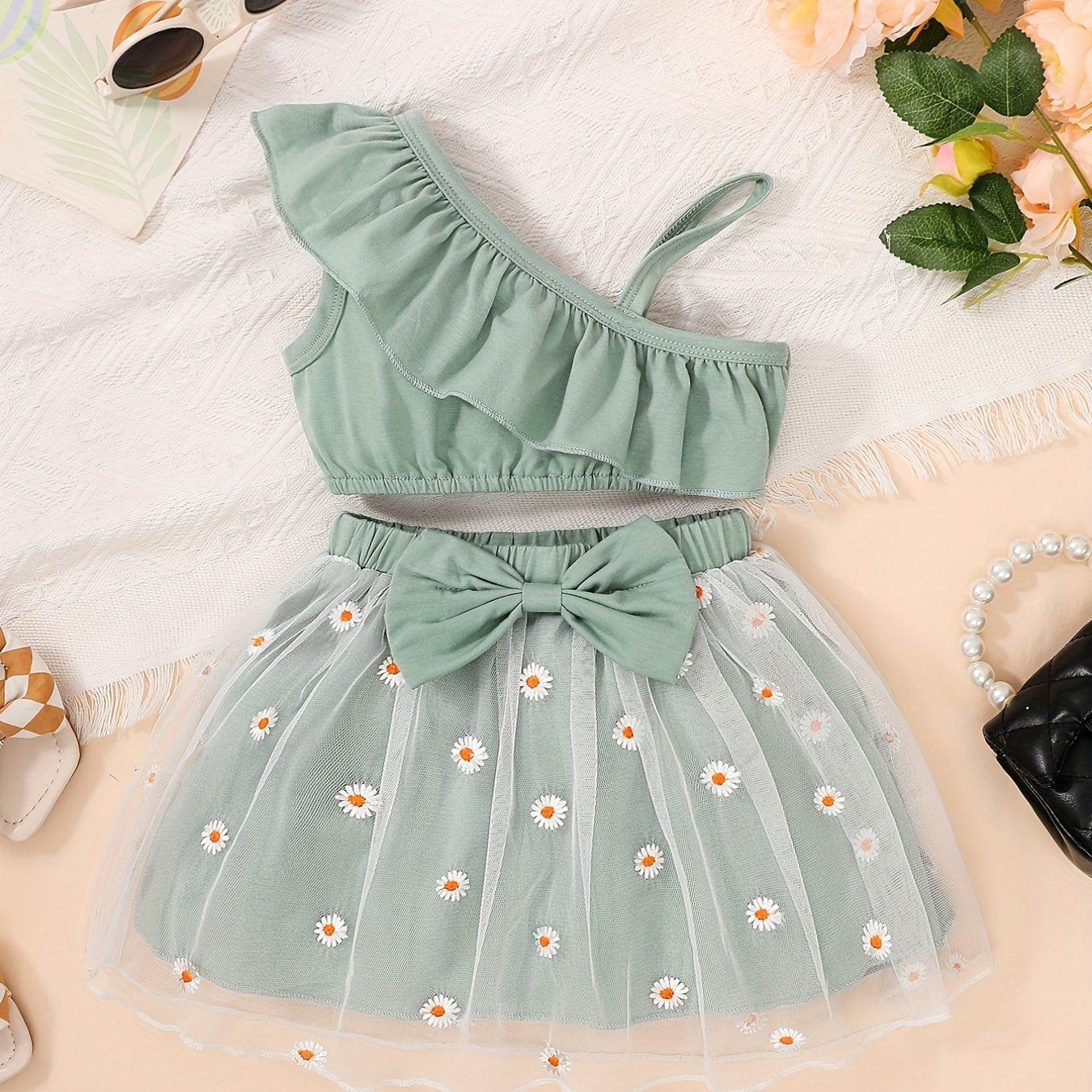 2pcs Toddler Girls Ruffle Crop Top & Floral Mesh Skirt Set