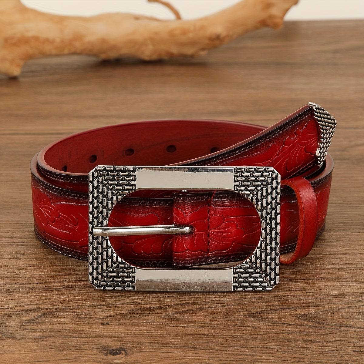 Vintage Red Embossed Belt PU Adjustable Jeans Pants Western Cowboy Cowgirl Belts