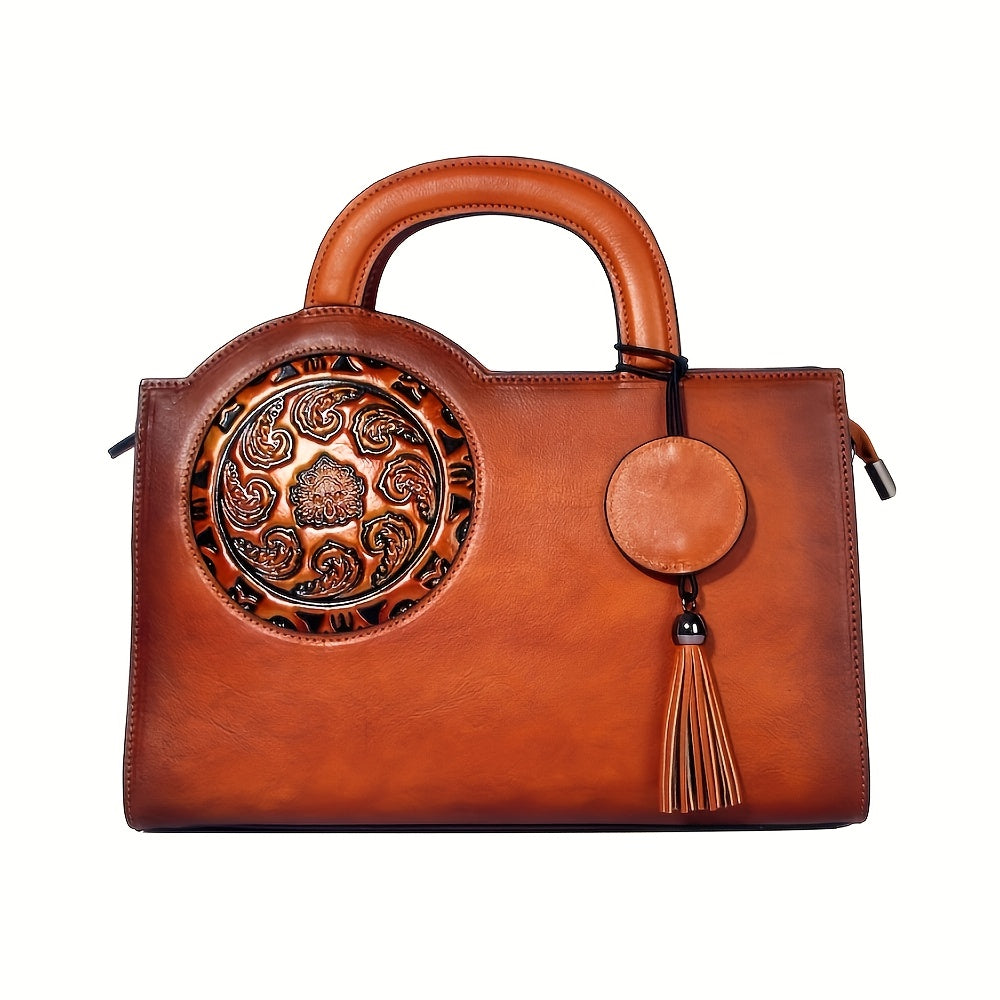 Leather Floral Tote Bag Soft Light Brown Shoulder Satchel
