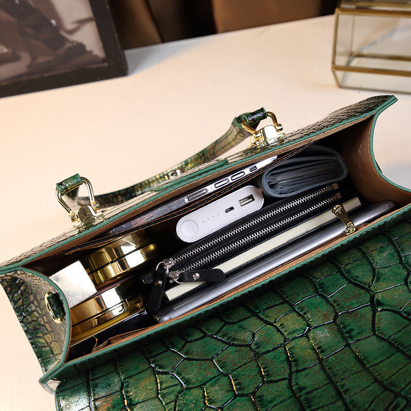 Stylish Green Women's Handbag Shoulder & Handbag Split Leather Magnetic Closure