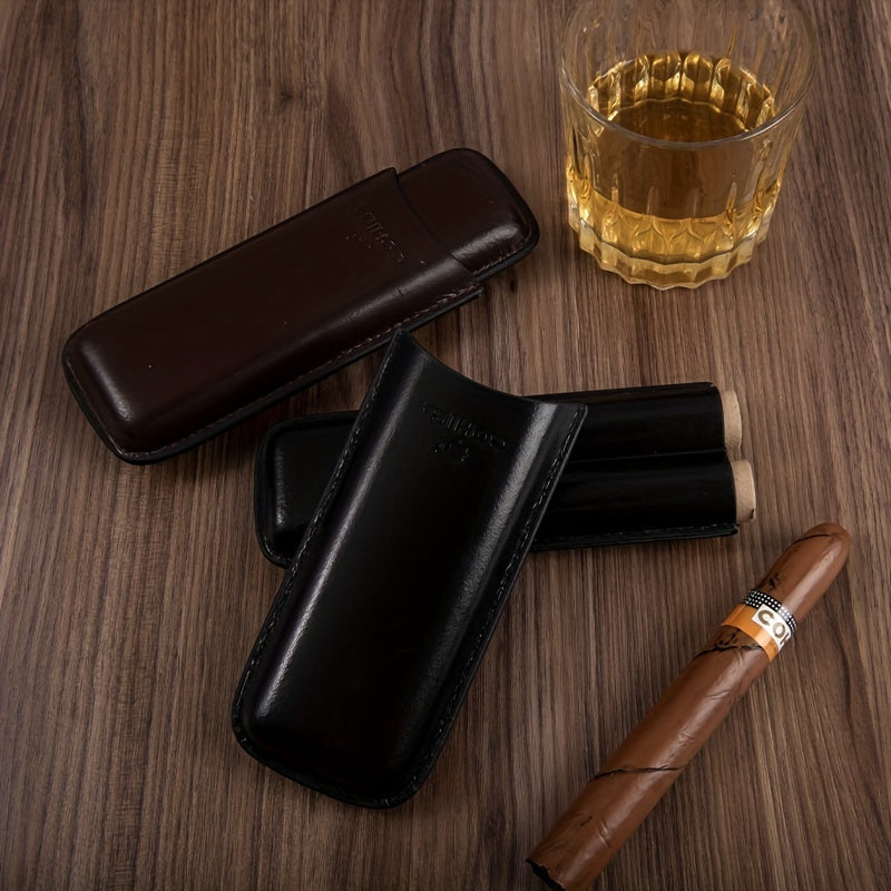 Dark Brown PU Leather Travel Cigar Case - 2 Finger Holder