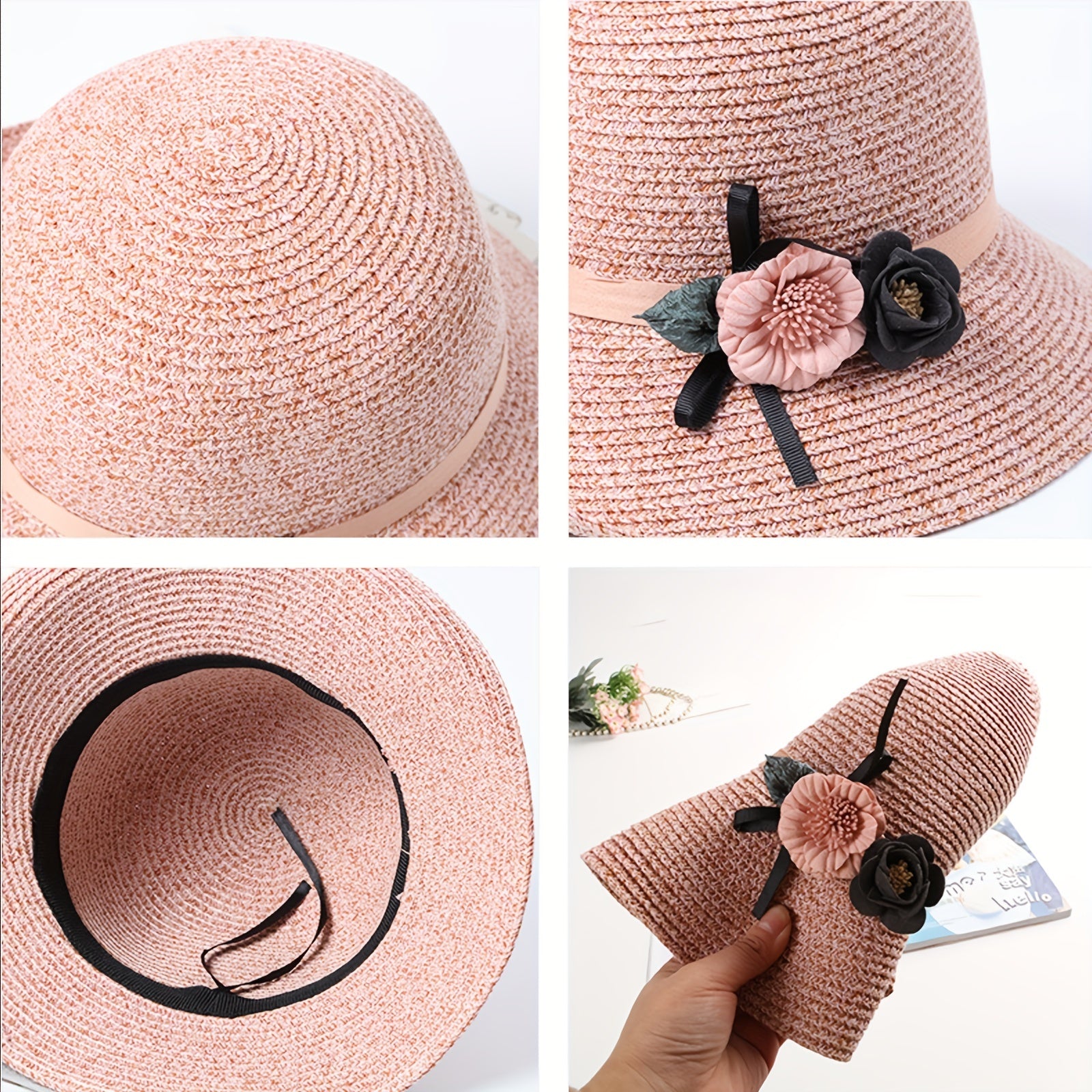 Flower Decor Straw Sun Hat UV Protection Bucket Hat for Women