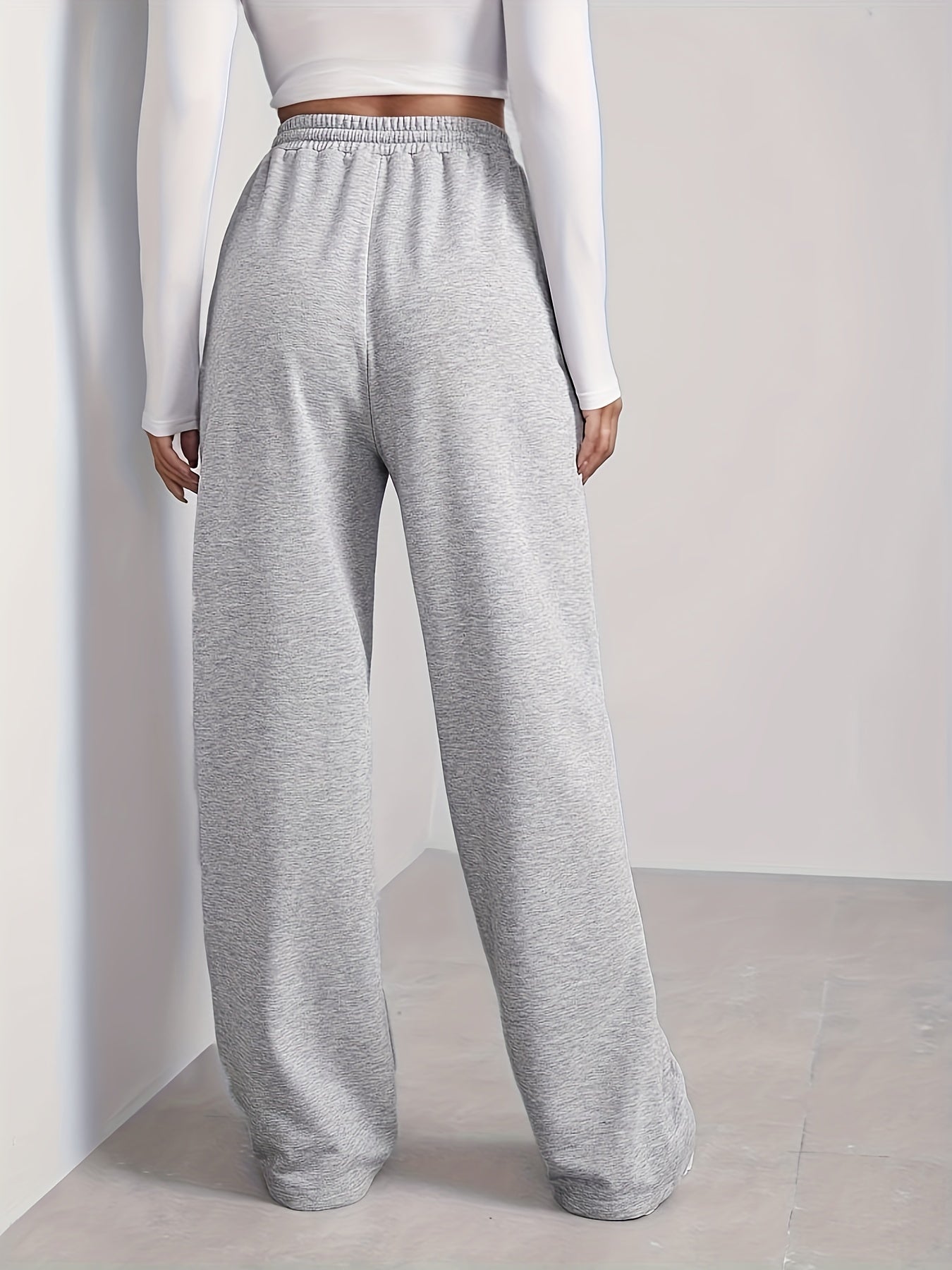 Sporty Pants Women's Plus Solid High Rise Wide Leg Trousers
