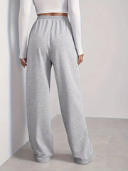  Sporty Pants Women's Plus Solid High Rise Wide Leg Trousers