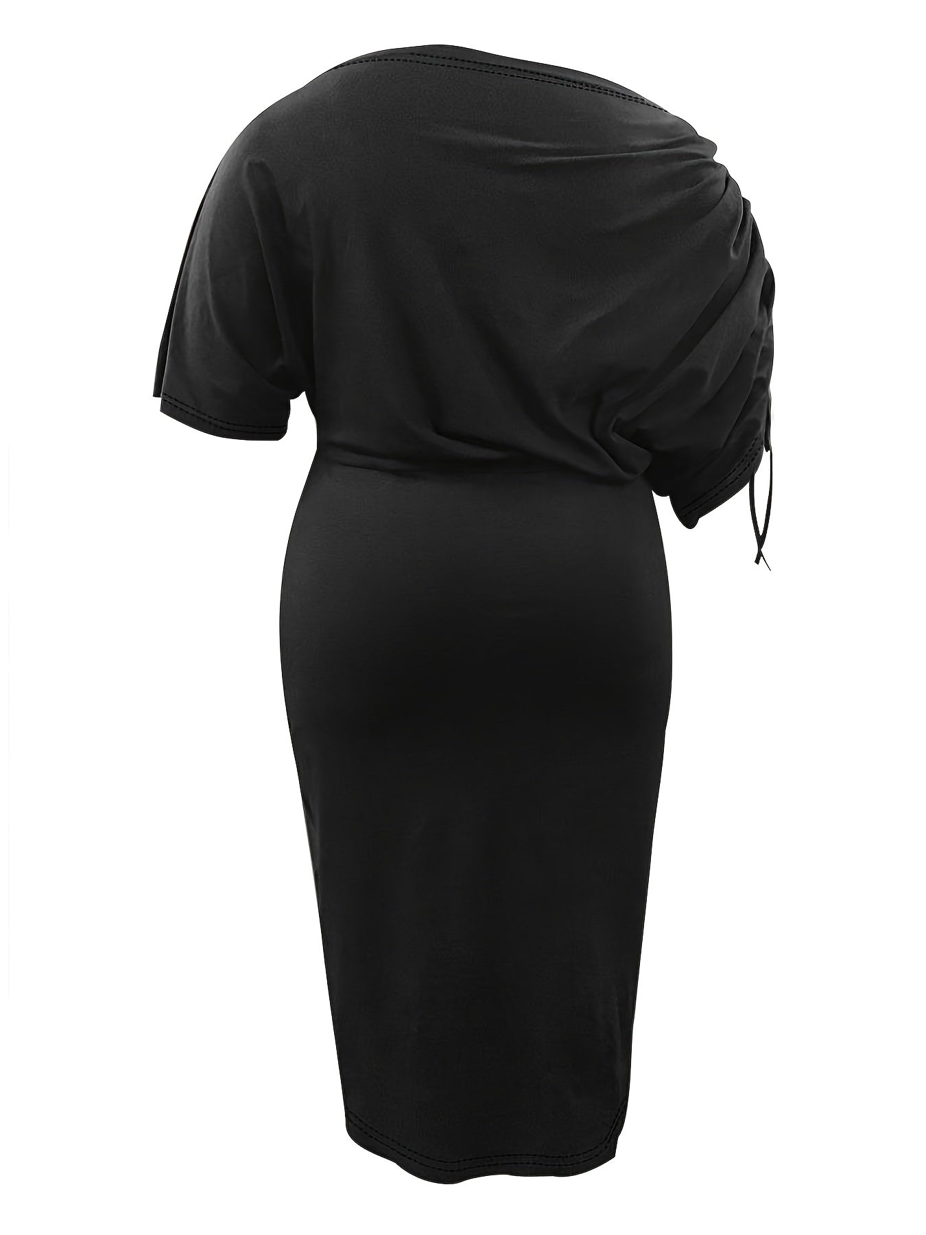  Solid Drawstring One Shoulder Midi Dress