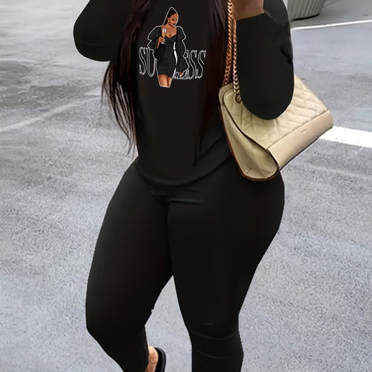  Cartoon Lady Print Top & Leggings Set