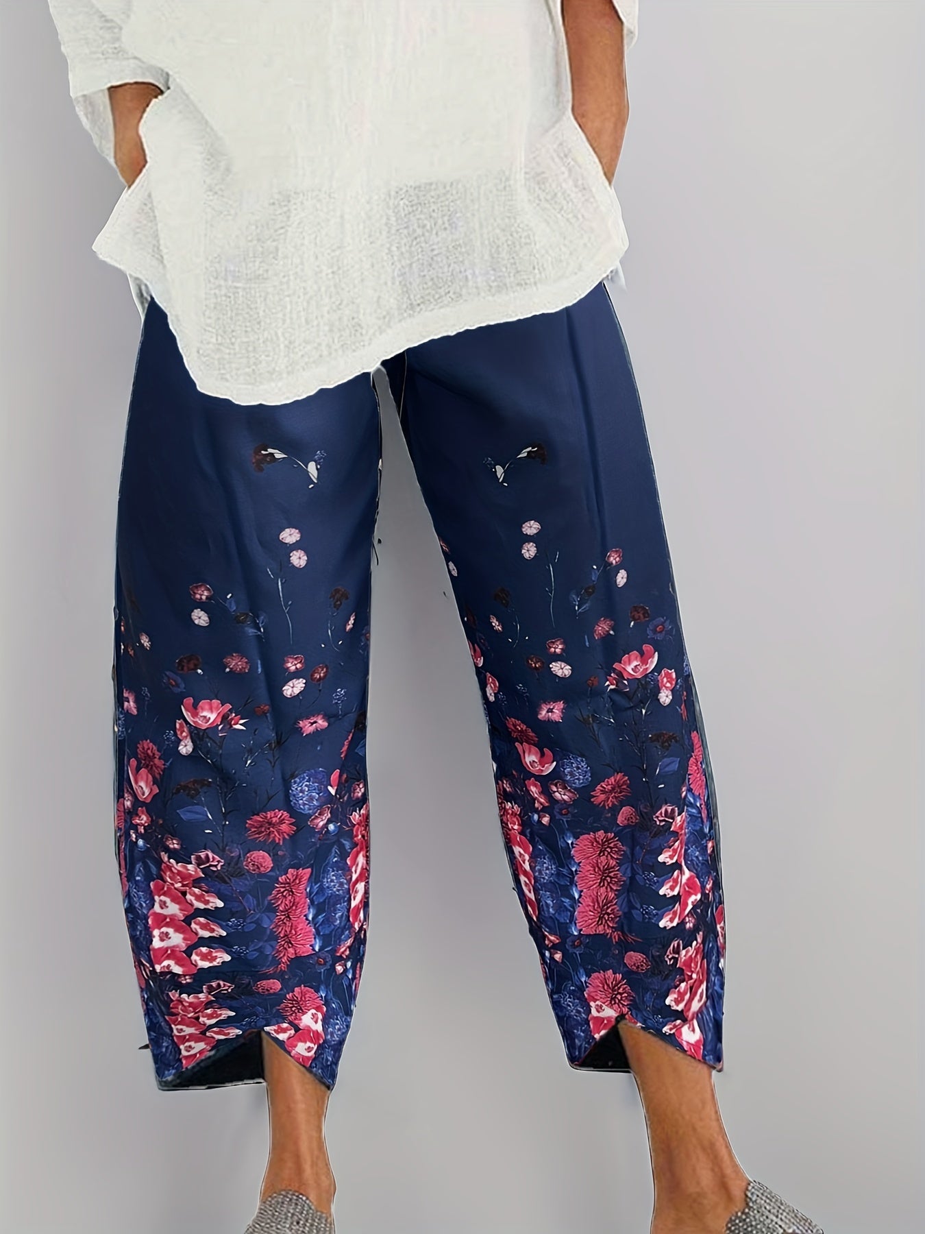Floral Print High Rise Wide Leg Cropped Pants Women's Plus Size