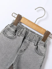 Girls Light Gray Washed Stretch Tapered Denim Trousers