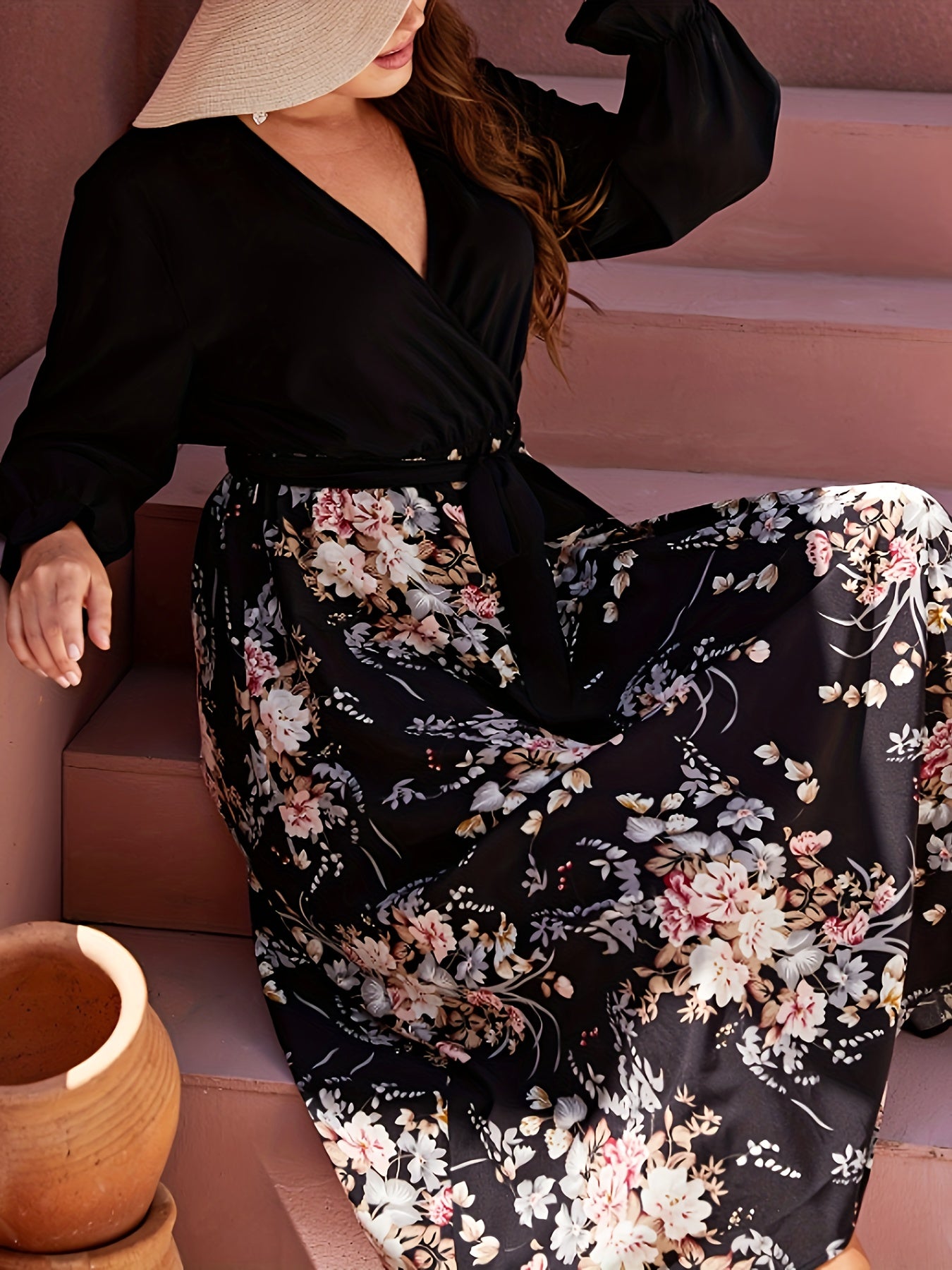 Floral Print Maxi Dress with Flounce Sleeves and Belt