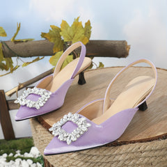 Women's Satin Kitten Heels Slingback Sandals Rhinestone Square Buckle