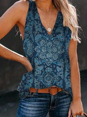 Vintage Ethnic Floral Print Tank Top V Neck Sleeveless Summer Top