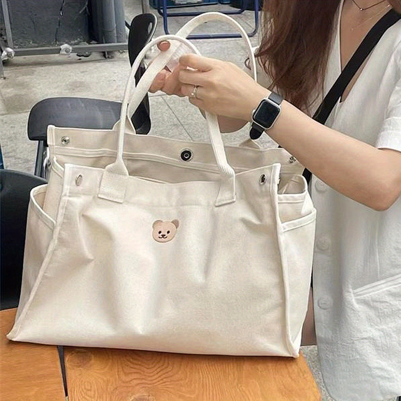 Bear Tote Bag Large Capacity Beige Canvas Handbag for Women