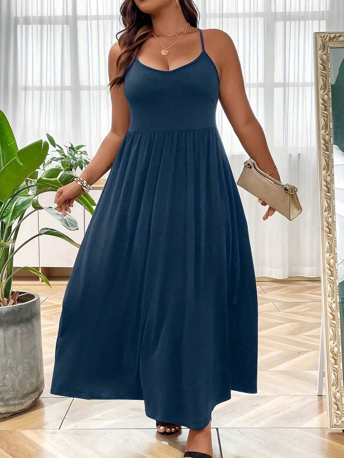  Solid Round Neck Maxi Cami Dress