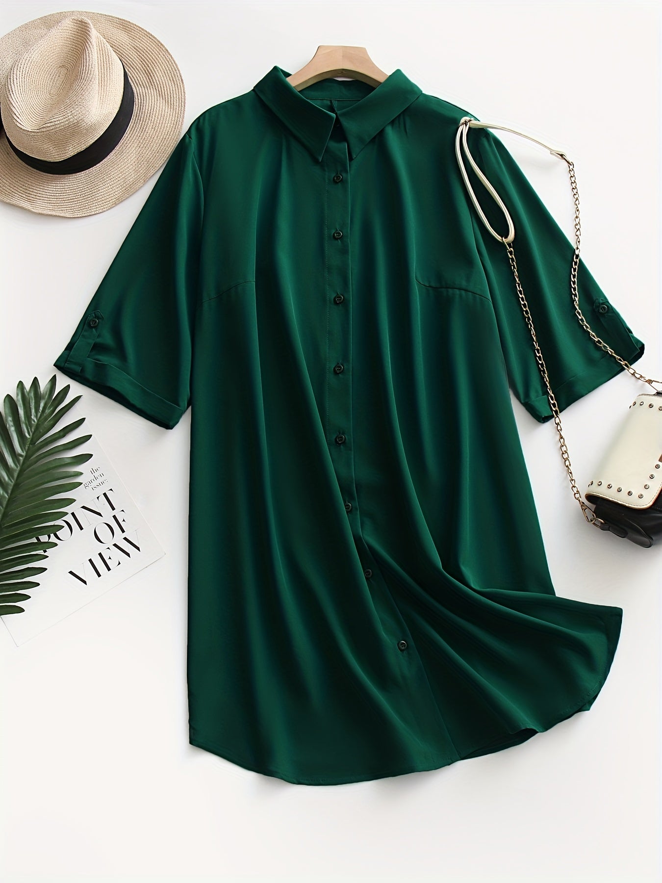  Solid Button Up Shirt Dress