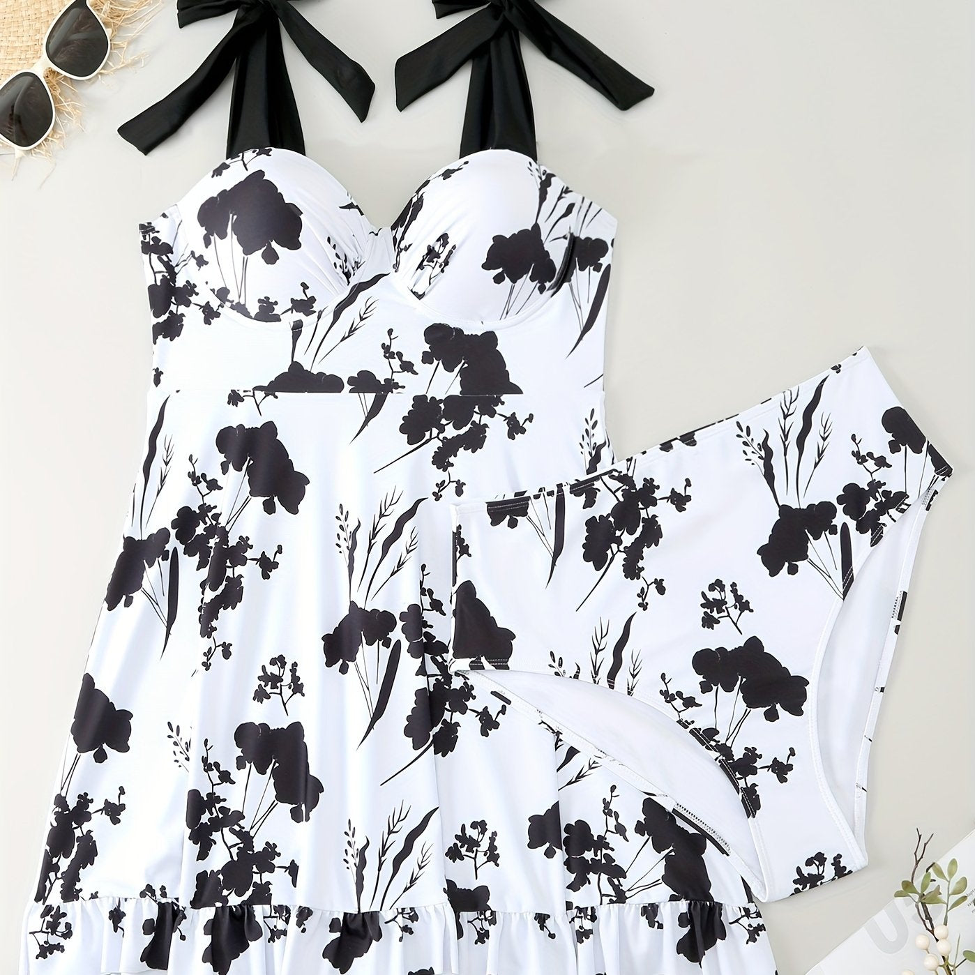  Floral Print Tankini Set Tie Shoulder Top & Underwear Two Piece Set