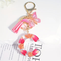 Resin Floral Letter Keychain with Tassel & Butterfly Pendant