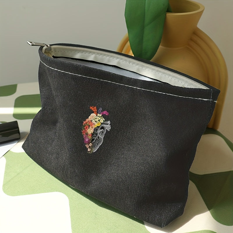 Halloween Flower Heart Print Cosmetic Bag Gothic Zipper Travel Storage Bag