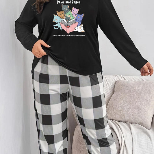  Book & Cats Print Pajama Set Long Sleeve Top & Plaid Pants