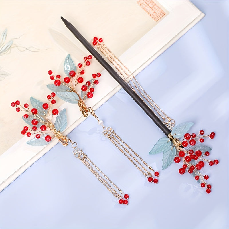 Wooden Hairpin With Tassel Red Beads