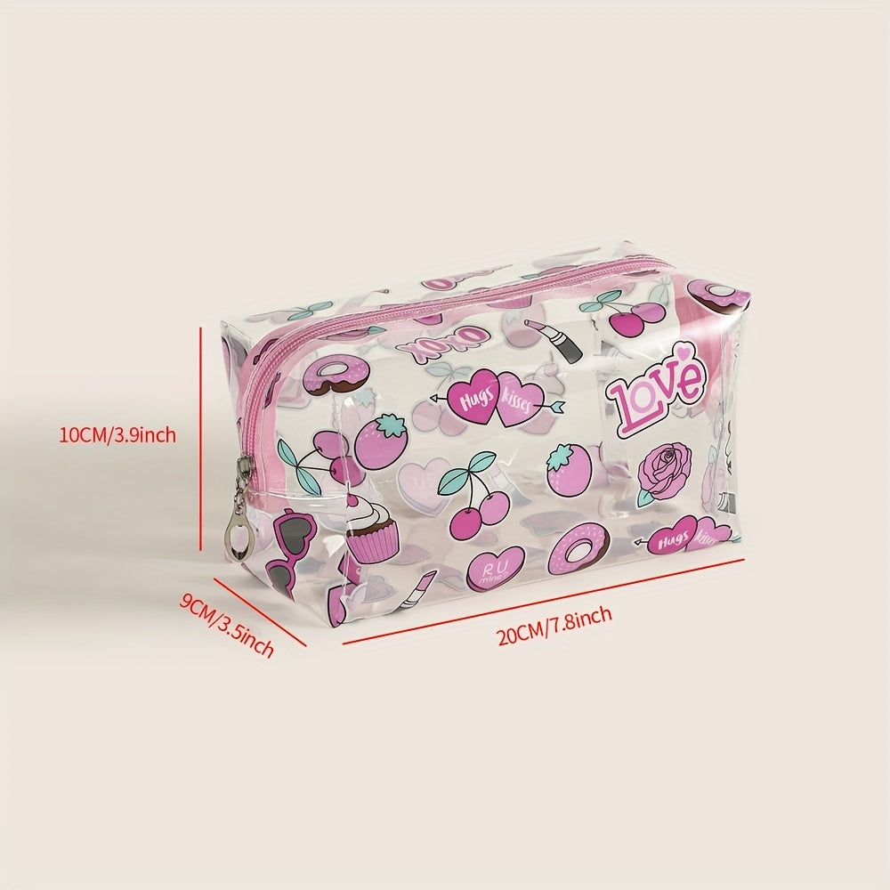 Heart Donut Pattern Makeup Bag PVC Waterproof Roomy Zipper Makeup Pouch