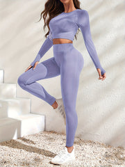 2pcs Long Sleeve Crop Top & High Waist Leggings Set Women's Activewear