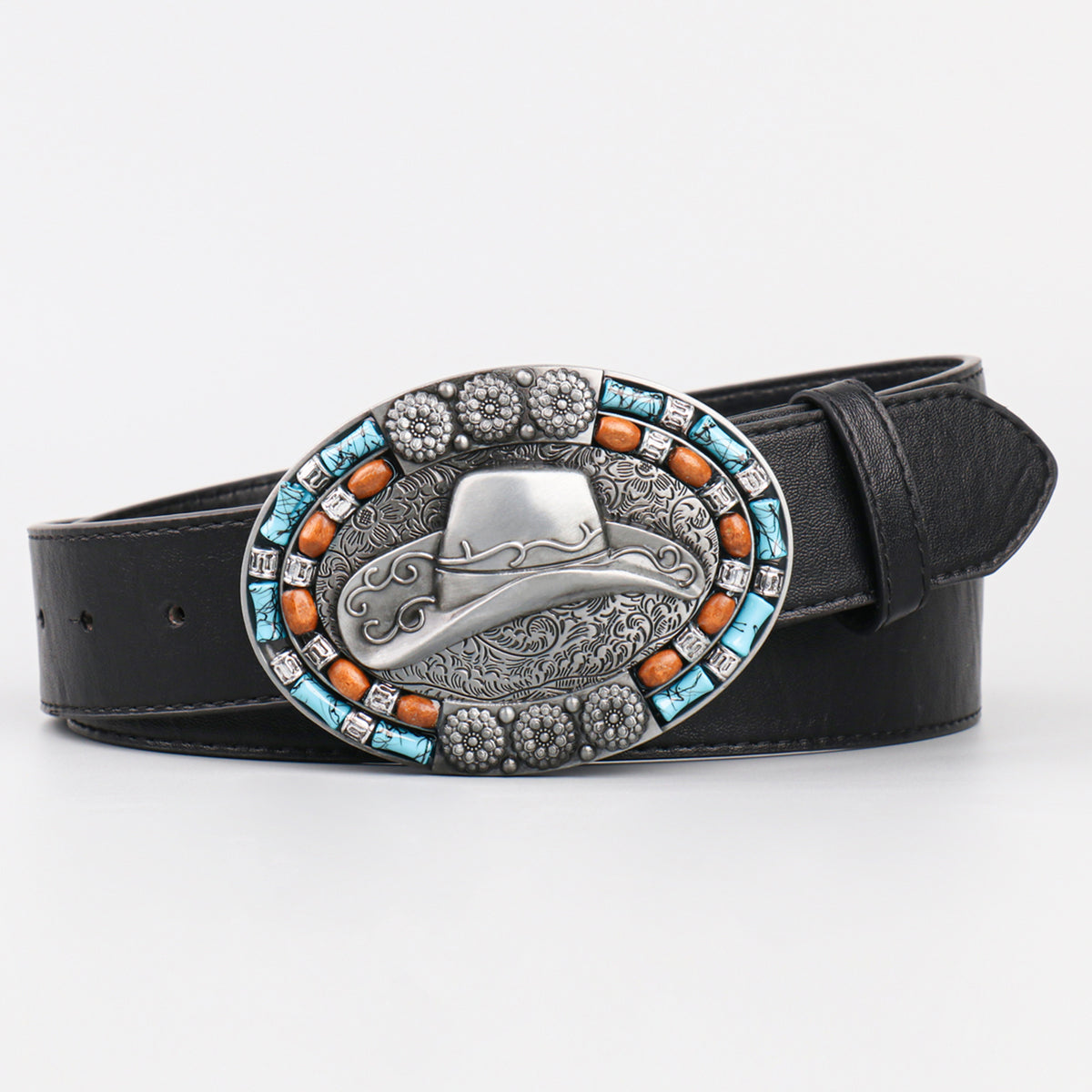 Men's Vintage Leather Cowboy Hat with Beads Oval Buckle Belt