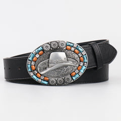 Men's Vintage Leather Cowboy Hat with Beads Oval Buckle Belt
