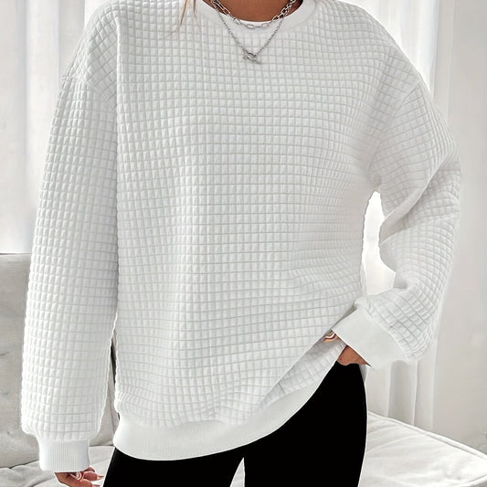 Waffle Grid Crew Neck Sweatshirt for Women