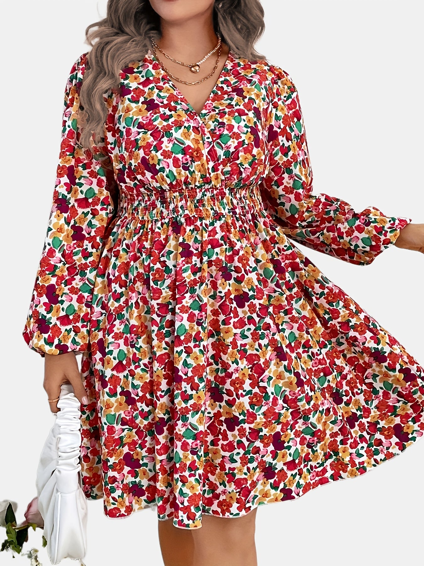  Floral Print Lantern Sleeve Surplice Neck Dress