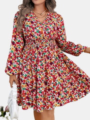 Floral Print Lantern Sleeve Surplice Neck Dress