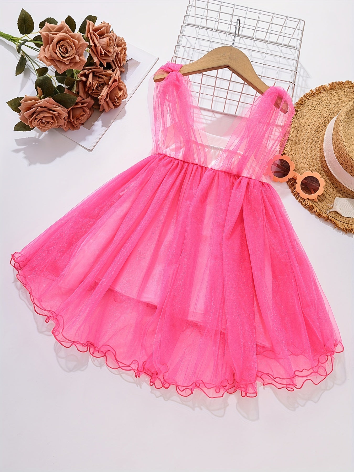 Girls Mesh Cover Up Overall Dress With Pearl Chain Decor