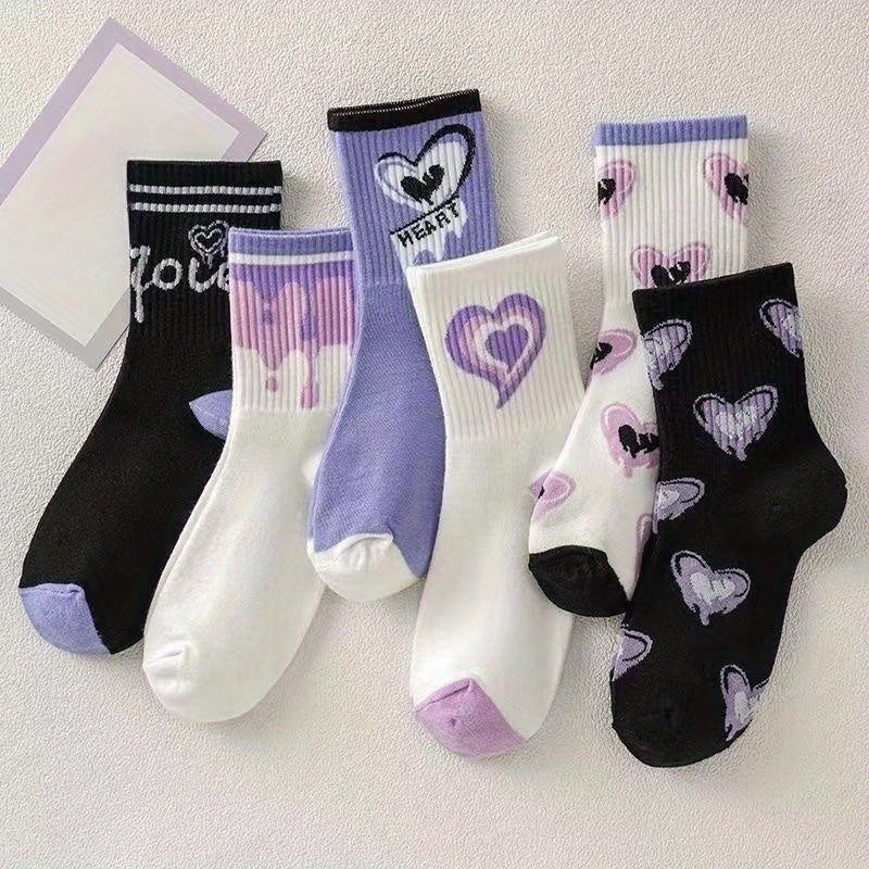 6 Pairs Heart Print Socks Crew Socks Women's Stockings & Hosiery