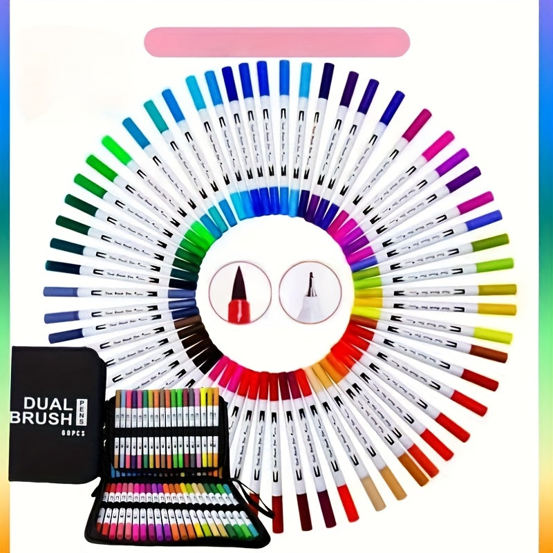 60 Dual Tip Brush Pens Set Fast Drying Water-Based Ink Markers for Adults