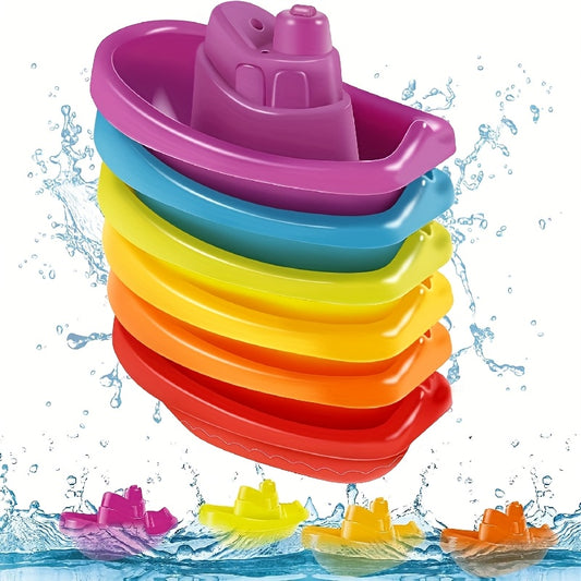 6pcs Kids' Bath Toys Rainbow Stacking Boat Uncharged