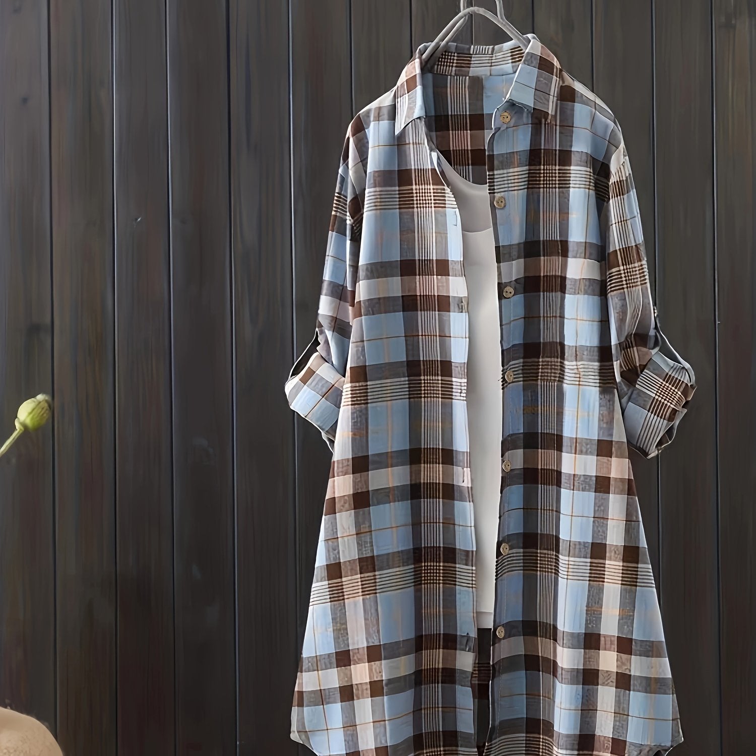 Casual Plaid Print Long Sleeve Button Up Tunic Shirt