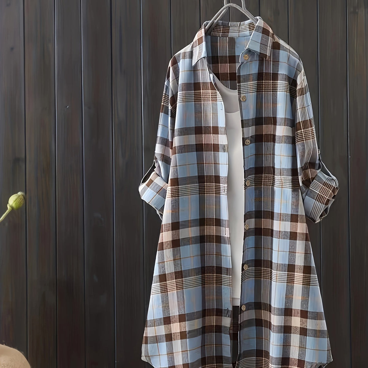  Casual Plaid Print Long Sleeve Button Up Tunic Shirt